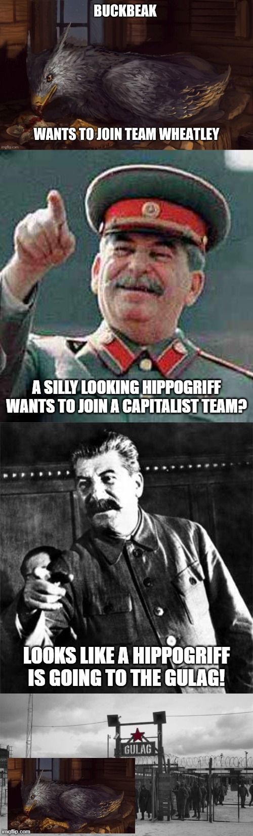 Hahahahaha GULAG! | A SILLY LOOKING HIPPOGRIFF WANTS TO JOIN A CAPITALIST TEAM? LOOKS LIKE A HIPPOGRIFF IS GOING TO THE GULAG! | image tagged in stalin says,stalin,gulag,joseph stalin | made w/ Imgflip meme maker