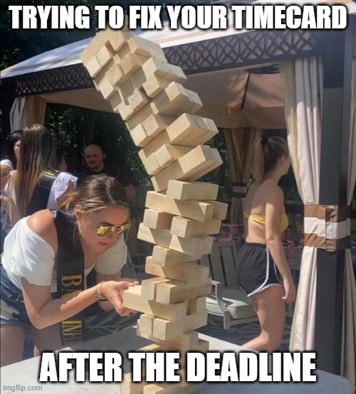 Girl jenga falling meme | TRYING TO FIX YOUR TIMECARD; AFTER THE DEADLINE | image tagged in girl jenga falling meme | made w/ Imgflip meme maker