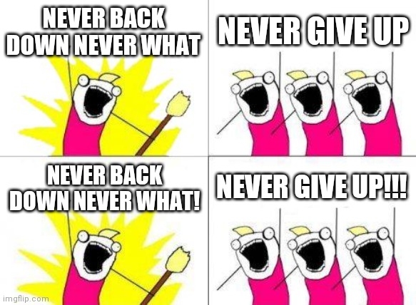 Lol | NEVER BACK DOWN NEVER WHAT; NEVER GIVE UP; NEVER BACK DOWN NEVER WHAT! NEVER GIVE UP!!! | image tagged in memes,what do we want,lol | made w/ Imgflip meme maker