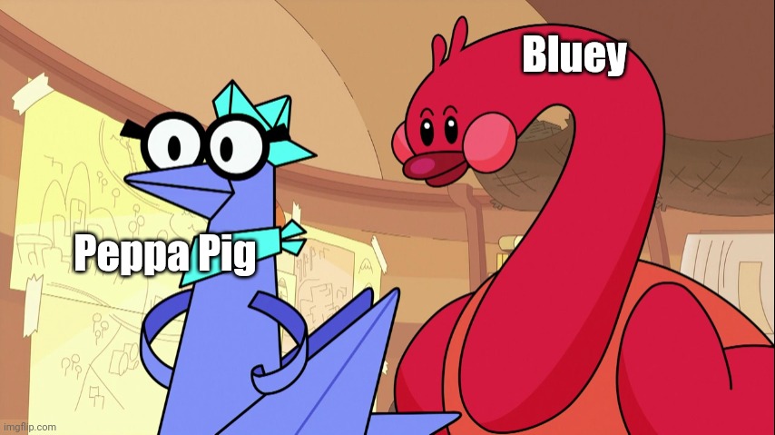 Kami and the Ruby Bird behind | Peppa Pig Bluey | image tagged in kami and the ruby bird behind | made w/ Imgflip meme maker