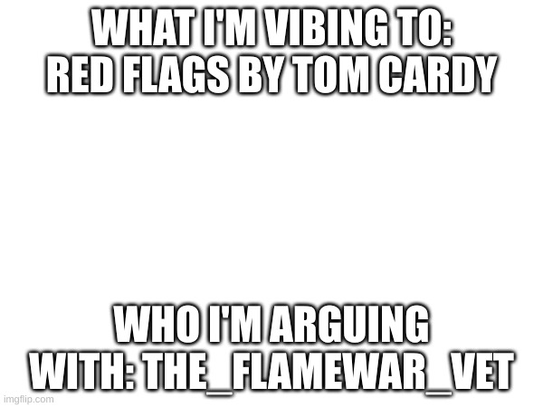 WHAT I'M VIBING TO: RED FLAGS BY TOM CARDY; WHO I'M ARGUING WITH: THE_FLAMEWAR_VET | made w/ Imgflip meme maker
