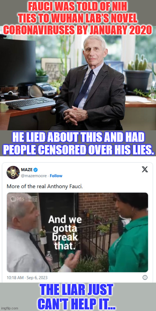 Fauci knew and lied about it...  he abused his authority | FAUCI WAS TOLD OF NIH TIES TO WUHAN LAB’S NOVEL CORONAVIRUSES BY JANUARY 2020; HE LIED ABOUT THIS AND HAD PEOPLE CENSORED OVER HIS LIES. THE LIAR JUST CAN'T HELP IT... | image tagged in criminal,dr fauci,covid,lies | made w/ Imgflip meme maker