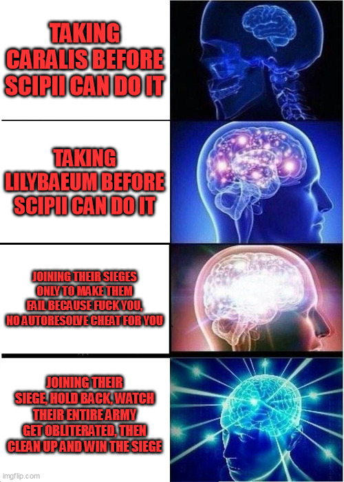 Expanding Brain Meme | TAKING CARALIS BEFORE SCIPII CAN DO IT; TAKING LILYBAEUM BEFORE SCIPII CAN DO IT; JOINING THEIR SIEGES ONLY TO MAKE THEM FAIL BECAUSE FUCK YOU, NO AUTORESOLVE CHEAT FOR YOU; JOINING THEIR SIEGE, HOLD BACK, WATCH THEIR ENTIRE ARMY GET OBLITERATED, THEN CLEAN UP AND WIN THE SIEGE | image tagged in memes,expanding brain,RomeTotalWar | made w/ Imgflip meme maker