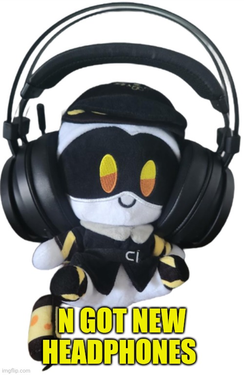 This is a picture of my actual N plushie I just removed the background | N GOT NEW HEADPHONES | image tagged in murder drones | made w/ Imgflip meme maker