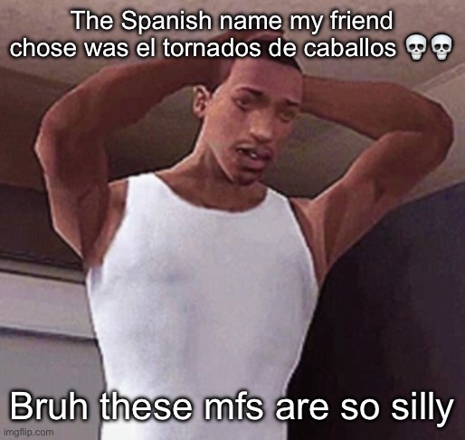 stressed cj temp | The Spanish name my friend chose was el tornados de caballos 💀💀; Bruh these mfs are so silly | image tagged in stressed cj temp | made w/ Imgflip meme maker