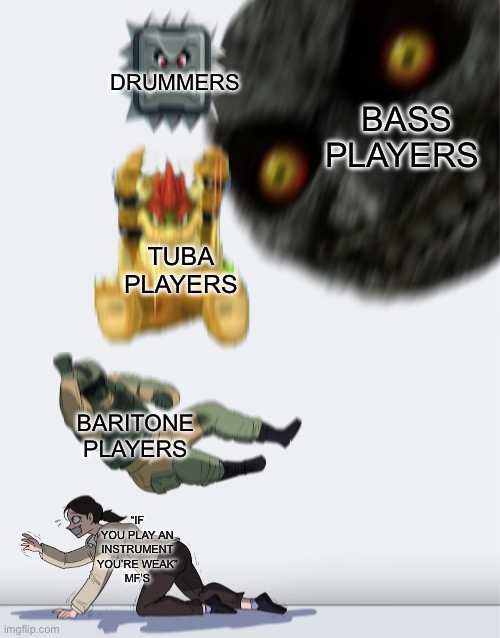 *casually plays bass* | DRUMMERS; BASS PLAYERS; TUBA PLAYERS; BARITONE PLAYERS; “IF YOU PLAY AN INSTRUMENT YOU’RE WEAK”
MF’S | image tagged in body slam extended,instruments,weak,body slam | made w/ Imgflip meme maker