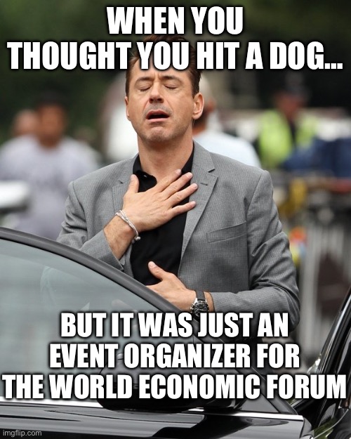 Relief | WHEN YOU THOUGHT YOU HIT A DOG…; BUT IT WAS JUST AN EVENT ORGANIZER FOR THE WORLD ECONOMIC FORUM | image tagged in relief,maga,republicans,gop,donald trump,new world order | made w/ Imgflip meme maker