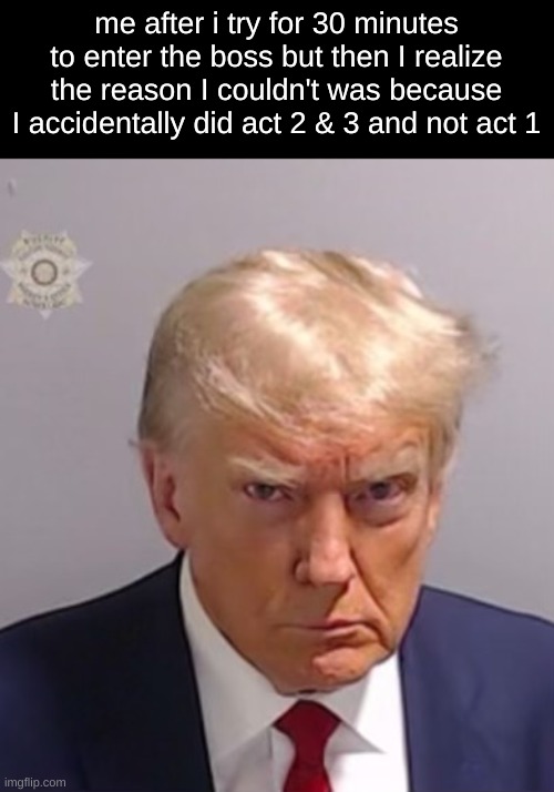 Donald Trump Mugshot | me after i try for 30 minutes to enter the boss but then I realize the reason I couldn't was because I accidentally did act 2 & 3 and not act 1 | image tagged in donald trump mugshot | made w/ Imgflip meme maker