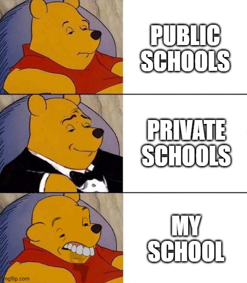 why is it that every other school is better than mine? | PUBLIC SCHOOLS; PRIVATE SCHOOLS; MY SCHOOL | image tagged in best better blurst | made w/ Imgflip meme maker