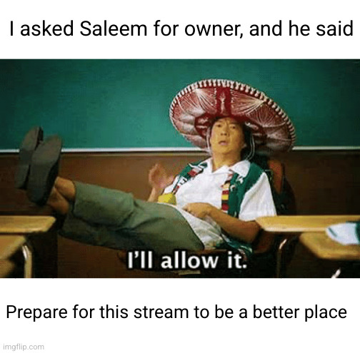 yay | I asked Saleem for owner, and he said; Prepare for this stream to be a better place | image tagged in i ll allow it,anime,owner,yayaya,memes,thank you | made w/ Imgflip meme maker