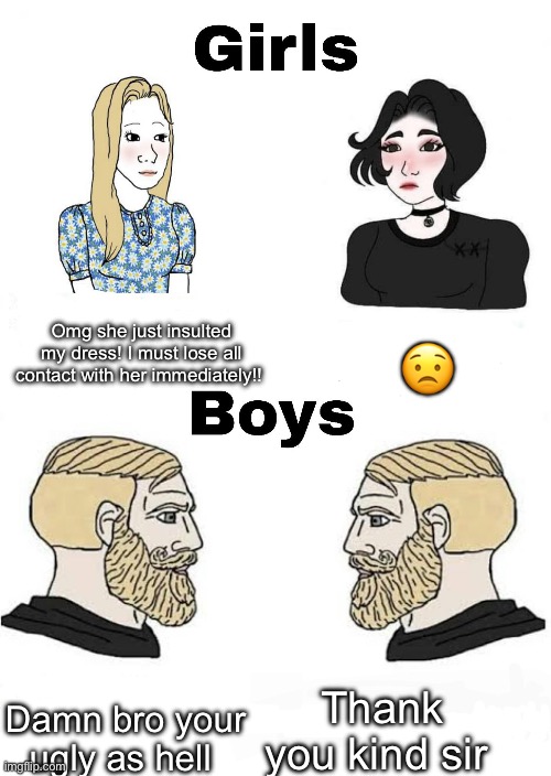 Girls vs Boys | Omg she just insulted my dress! I must lose all contact with her immediately!! 😟; Thank you kind sir; Damn bro your ugly as hell | image tagged in girls vs boys | made w/ Imgflip meme maker