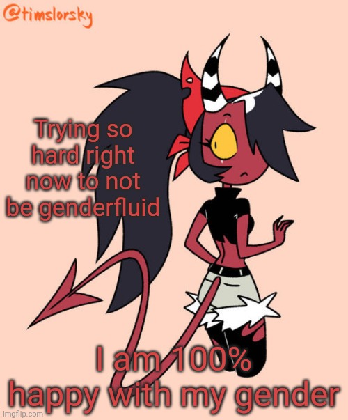 Sallie May | Trying so hard right now to not be genderfluid; I am 100% happy with my gender | image tagged in sallie may | made w/ Imgflip meme maker
