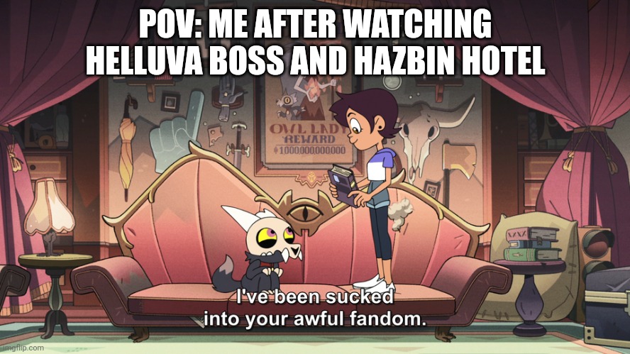 Helluva Boss and Hazbin Hotel moment | POV: ME AFTER WATCHING HELLUVA BOSS AND HAZBIN HOTEL | image tagged in the owl house king been sucked into luz fandom,helluva boss,hazbin hotel | made w/ Imgflip meme maker