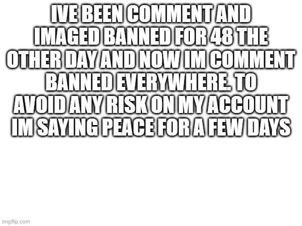 IVE BEEN COMMENT AND IMAGED BANNED FOR 48 THE OTHER DAY AND NOW IM COMMENT BANNED EVERYWHERE. TO AVOID ANY RISK ON MY ACCOUNT IM SAYING PEACE FOR A FEW DAYS | made w/ Imgflip meme maker