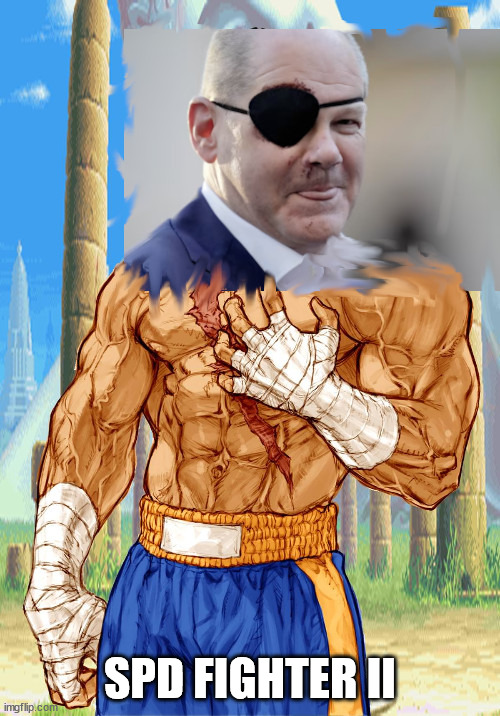 Get better soon Mr Chancellor XD | SPD FIGHTER II | image tagged in olaf scholz,sagat,eye patch,street fighter 2 | made w/ Imgflip meme maker