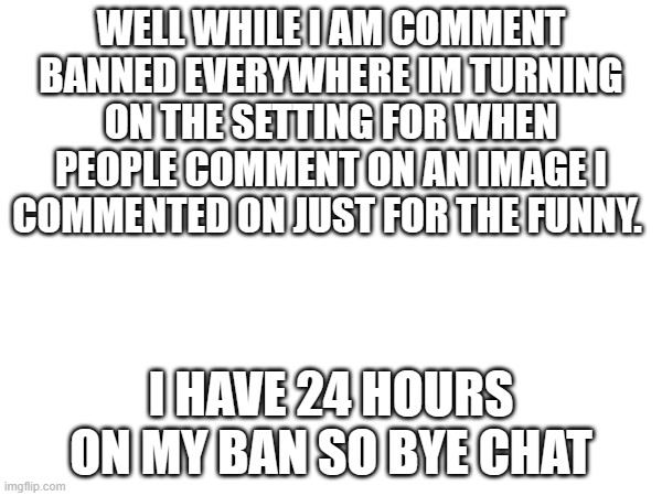 WELL WHILE I AM COMMENT BANNED EVERYWHERE IM TURNING ON THE SETTING FOR WHEN PEOPLE COMMENT ON AN IMAGE I COMMENTED ON JUST FOR THE FUNNY. I HAVE 24 HOURS ON MY BAN SO BYE CHAT | made w/ Imgflip meme maker