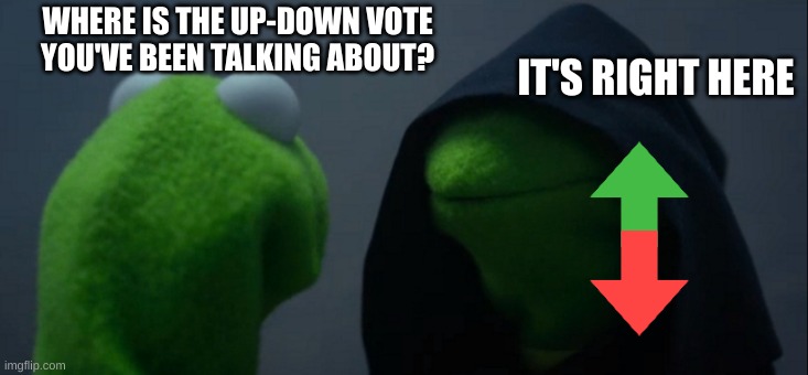New vote..? | WHERE IS THE UP-DOWN VOTE YOU'VE BEEN TALKING ABOUT? IT'S RIGHT HERE | image tagged in memes,evil kermit,how,why,new,vote | made w/ Imgflip meme maker
