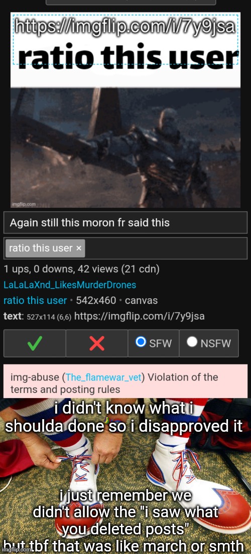 a majority of the "ratios" are just random ass temps | i didn't know what i shoulda done so i disapproved it; i just remember we didn't allow the "i saw what you deleted posts"
but tbf that was like march or smth | image tagged in clown shoes | made w/ Imgflip meme maker
