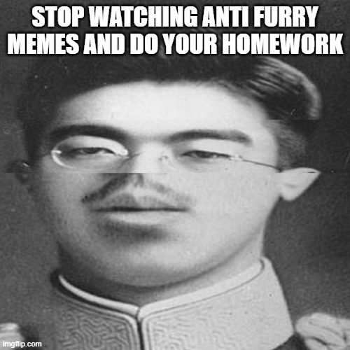 Squished Hirohito | STOP WATCHING ANTI FURRY MEMES AND DO YOUR HOMEWORK | image tagged in squished hirohito | made w/ Imgflip meme maker