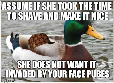 Actual Advice Mallard Meme | ASSUME IF SHE TOOK THE TIME TO SHAVE AND MAKE IT NICE SHE DOES NOT WANT IT INVADED BY YOUR FACE PUBES | image tagged in memes,actual advice mallard,scumbag,AdviceAnimals | made w/ Imgflip meme maker