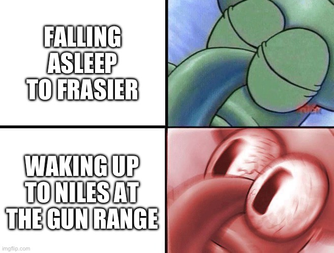 sleeping Squidward | FALLING ASLEEP TO FRASIER; WAKING UP TO NILES AT THE GUN RANGE | image tagged in sleeping squidward,Frasier | made w/ Imgflip meme maker