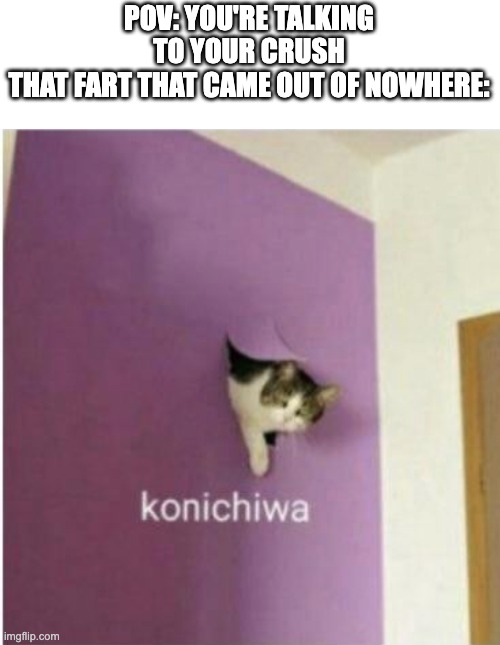 not me | POV: YOU'RE TALKING TO YOUR CRUSH
THAT FART THAT CAME OUT OF NOWHERE: | image tagged in konichiwa | made w/ Imgflip meme maker