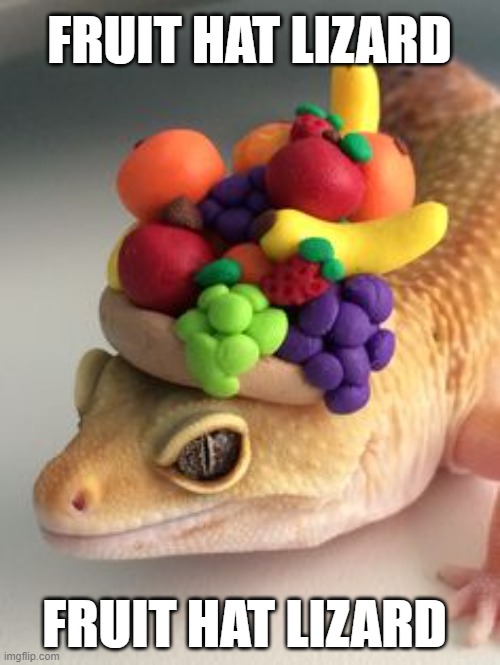 Fruit Hat Lizard | FRUIT HAT LIZARD; FRUIT HAT LIZARD | image tagged in lizard,wholesome,cute,cute animals,funny memes,memes | made w/ Imgflip meme maker