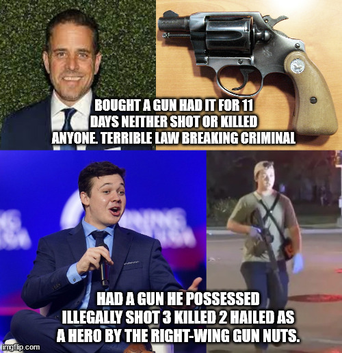 The 2nd Amendment is only for gun nuts | BOUGHT A GUN HAD IT FOR 11 DAYS NEITHER SHOT OR KILLED ANYONE. TERRIBLE LAW BREAKING CRIMINAL; HAD A GUN HE POSSESSED ILLEGALLY SHOT 3 KILLED 2 HAILED AS A HERO BY THE RIGHT-WING GUN NUTS. | image tagged in hunter biden,kyle rittenhouse,illegal gun,killer,shooter,murder | made w/ Imgflip meme maker