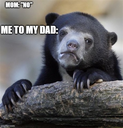 Confession Bear Meme | MOM: "NO"; ME TO MY DAD: | image tagged in memes,confession bear | made w/ Imgflip meme maker