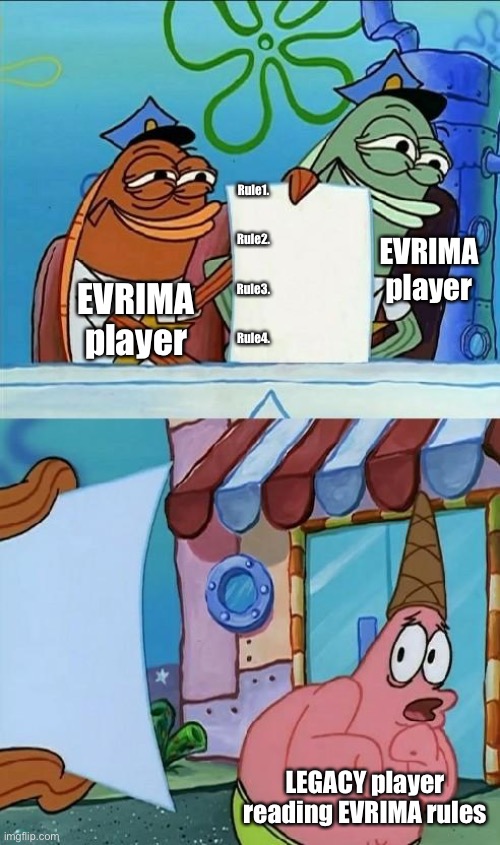 White rules | Rule1.
 
 
Rule2.
 
 
Rule3.
 
 
Rule4. EVRIMA player; EVRIMA player; LEGACY player reading EVRIMA rules | image tagged in patrick scared,the isle,dinosaurs,gaming | made w/ Imgflip meme maker