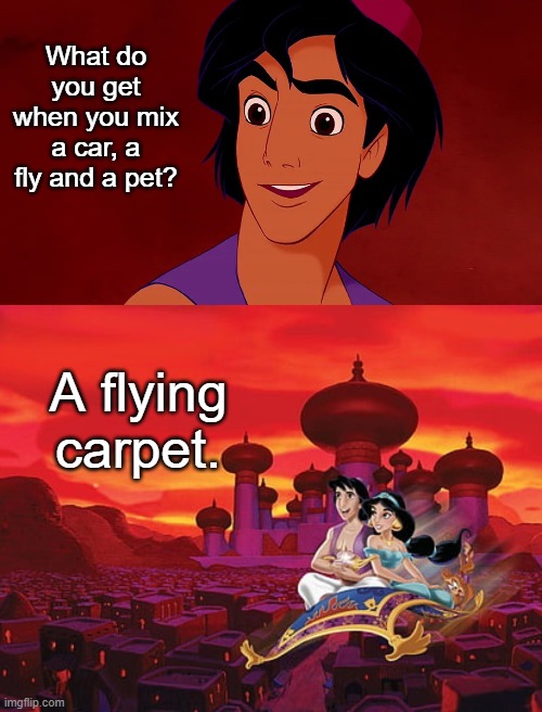 Aladdin Tells a Joke | What do you get when you mix a car, a fly and a pet? A flying carpet. | image tagged in aladdin,funny | made w/ Imgflip meme maker