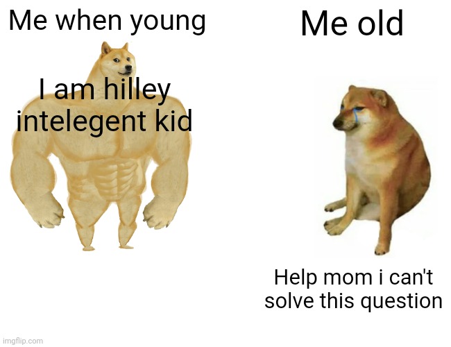 Buff Doge vs. Cheems | Me when young; Me old; I am hilley intelegent kid; Help mom i can't solve this question | image tagged in memes,buff doge vs cheems | made w/ Imgflip meme maker