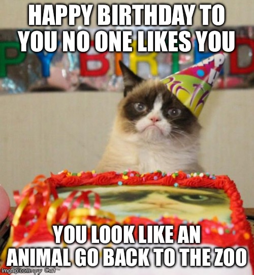 Grumpy cat | HAPPY BIRTHDAY TO YOU NO ONE LIKES YOU; YOU LOOK LIKE AN ANIMAL GO BACK TO THE ZOO | image tagged in memes,grumpy cat birthday,grumpy cat,front page plz | made w/ Imgflip meme maker
