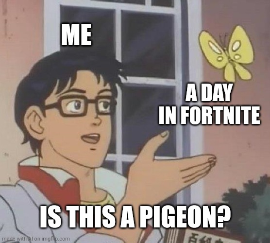 Is This A Pigeon Meme | ME; A DAY IN FORTNITE; IS THIS A PIGEON? | image tagged in memes,is this a pigeon | made w/ Imgflip meme maker