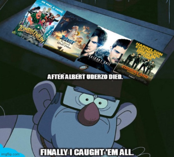 Thanks God, I didn't watch Zombie Land Saga marathon during Albert Uderzo's funeral! | image tagged in asterix,resident evil,zombie,finally i have them all | made w/ Imgflip meme maker