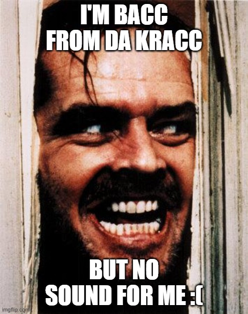 Bacc From da Kracc But No Sound :( | I'M BACC FROM DA KRACC; BUT NO SOUND FOR ME :( | image tagged in i'm back,bacc from da kracc,why are you reading the tags | made w/ Imgflip meme maker