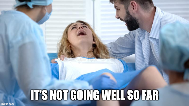 Childbirth | IT'S NOT GOING WELL SO FAR | image tagged in childbirth | made w/ Imgflip meme maker