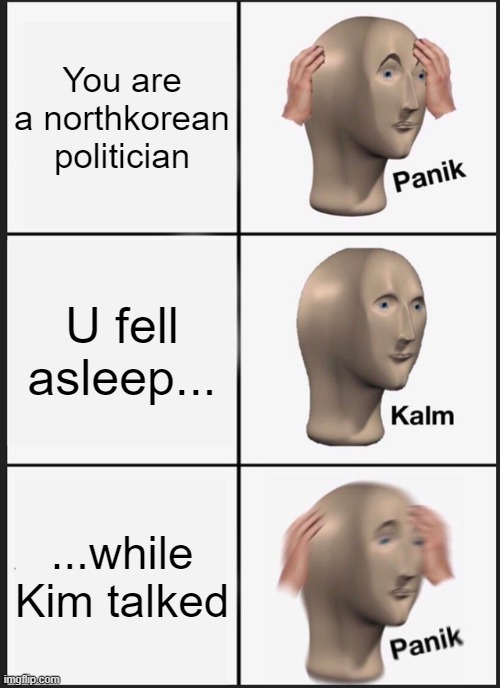 Panik Kalm Panik | You are a northkorean politician; U fell asleep... ...while Kim talked | image tagged in memes,panik kalm panik | made w/ Imgflip meme maker