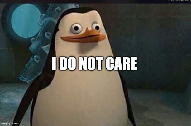 What | I DO NOT CARE | image tagged in madagascar penguin | made w/ Imgflip meme maker