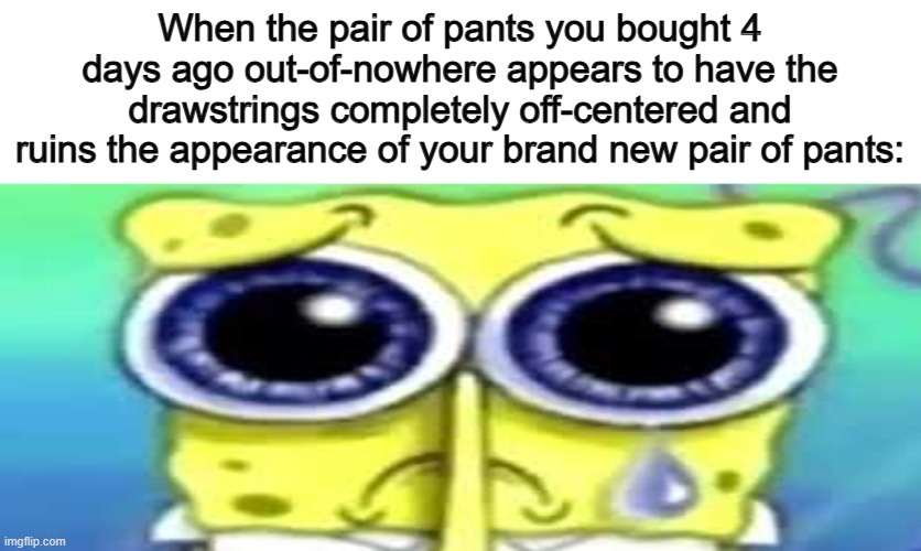 If you don't know what a draw string is, search it up lol | When the pair of pants you bought 4 days ago out-of-nowhere appears to have the drawstrings completely off-centered and ruins the appearance of your brand new pair of pants: | image tagged in sad spong | made w/ Imgflip meme maker
