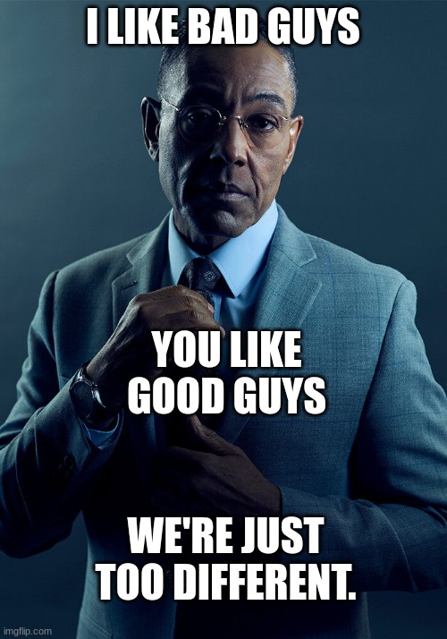 Gus Fring we are not the same | I LIKE BAD GUYS; YOU LIKE GOOD GUYS; WE'RE JUST TOO DIFFERENT. | image tagged in gus fring we are not the same | made w/ Imgflip meme maker