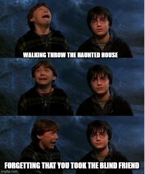 Ron Weasley Panic Meme | WALKING THROW THE HAUNTED HOUSE; FORGETTING THAT YOU TOOK THE BLIND FRIEND | image tagged in ron weasley panic meme | made w/ Imgflip meme maker