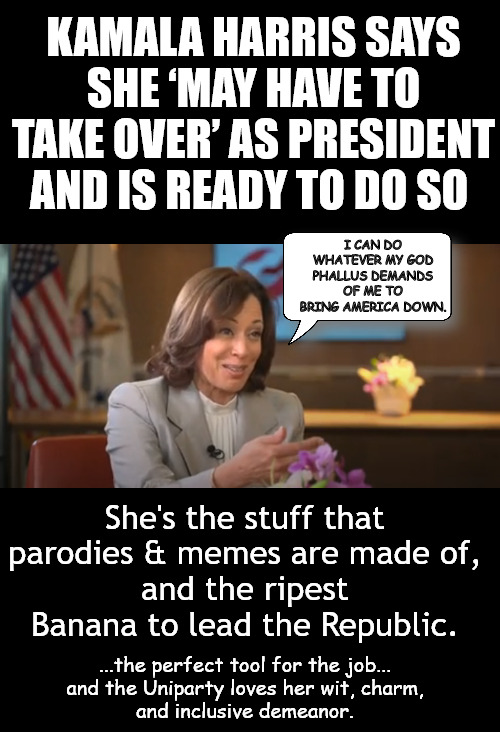 Better than COKE; she's the real thing! | KAMALA HARRIS SAYS SHE ‘MAY HAVE TO TAKE OVER’ AS PRESIDENT AND IS READY TO DO SO; I CAN DO WHATEVER MY GOD PHALLUS DEMANDS OF ME TO BRING AMERICA DOWN. She's the stuff that parodies & memes are made of,
and the ripest Banana to lead the Republic. ...the perfect tool for the job...
and the Uniparty loves her wit, charm,
and inclusive demeanor. | image tagged in memes,politics,biden,obama,kamala | made w/ Imgflip meme maker