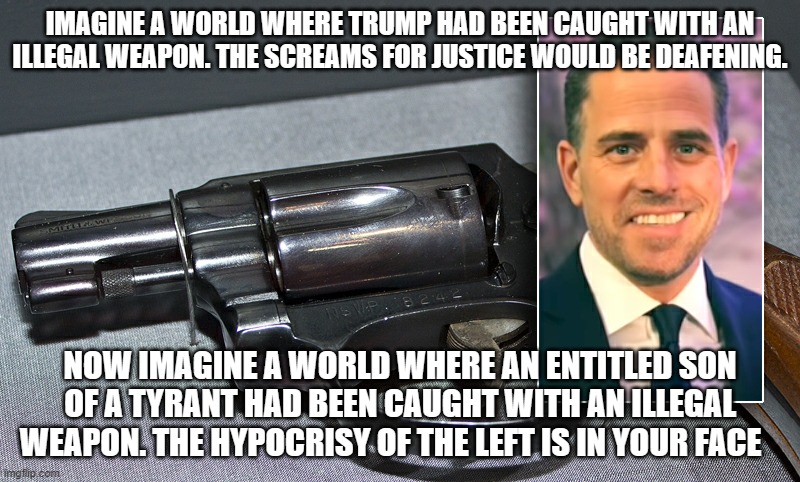 These are not the charges they are looking for | IMAGINE A WORLD WHERE TRUMP HAD BEEN CAUGHT WITH AN ILLEGAL WEAPON. THE SCREAMS FOR JUSTICE WOULD BE DEAFENING. NOW IMAGINE A WORLD WHERE AN ENTITLED SON OF A TYRANT HAD BEEN CAUGHT WITH AN ILLEGAL WEAPON. THE HYPOCRISY OF THE LEFT IS IN YOUR FACE | image tagged in hunter biden 38 handgun,jail hunter,democrat hypocrisy,two tiered just us system,biden crime family,white privilege | made w/ Imgflip meme maker