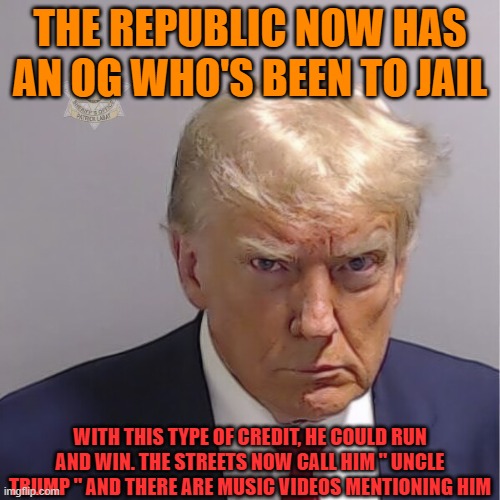 The man who makes history | THE REPUBLIC NOW HAS AN OG WHO'S BEEN TO JAIL; WITH THIS TYPE OF CREDIT, HE COULD RUN AND WIN. THE STREETS NOW CALL HIM " UNCLE TRUMP " AND THERE ARE MUSIC VIDEOS MENTIONING HIM | image tagged in trump mug shot,jail,thug life,music,america,president trump | made w/ Imgflip meme maker