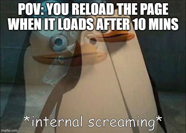Relatable | POV: YOU RELOAD THE PAGE WHEN IT LOADS AFTER 10 MINS | image tagged in private internal screaming | made w/ Imgflip meme maker