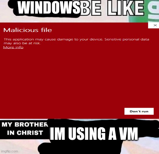 apponfly when | WINDOWS; IM USING A VM | image tagged in brother in christ subway | made w/ Imgflip meme maker