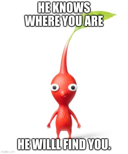 PIKMIN | HE KNOWS WHERE YOU ARE; HE WILLL FIND YOU. | image tagged in pikmin | made w/ Imgflip meme maker