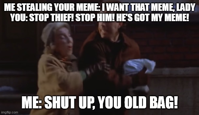 Stealing Your Meme You Old Bag | ME STEALING YOUR MEME: I WANT THAT MEME, LADY
YOU: STOP THIEF! STOP HIM! HE'S GOT MY MEME! ME: SHUT UP, YOU OLD BAG! | image tagged in jerry seinfeld steals marble rye | made w/ Imgflip meme maker