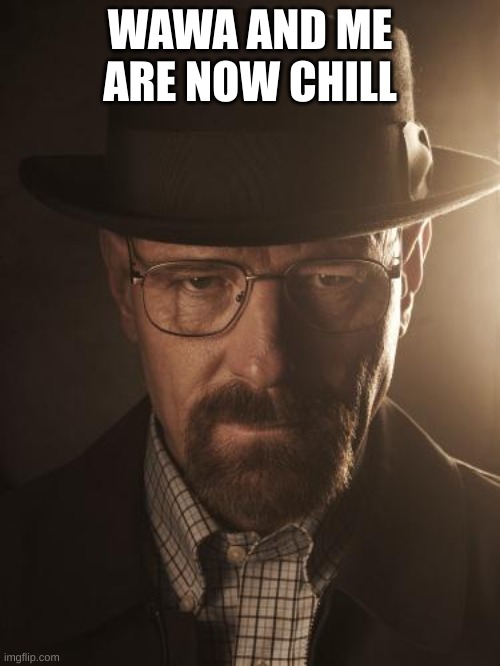 Walter White | WAWA AND ME ARE NOW CHILL | image tagged in walter white | made w/ Imgflip meme maker